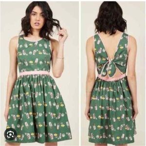 ModCloth Green Pink Lemonade Tie Back Bow Dress Medium
